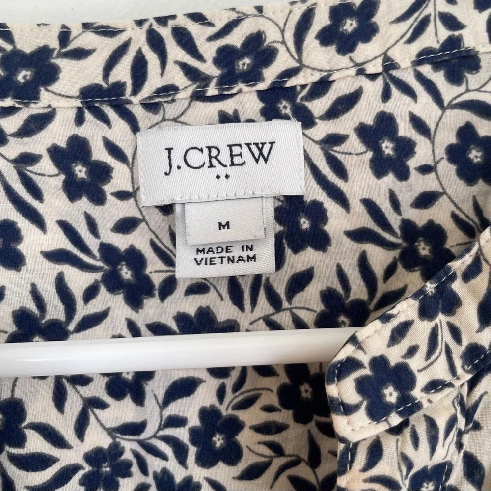 J. Crew Blue and White Puff Sleeve Tie-Front Blouse